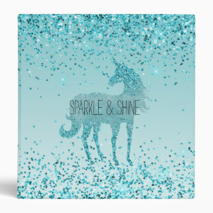 Girly Glitz Aqua Turquoise Glitter Unicorn Binder