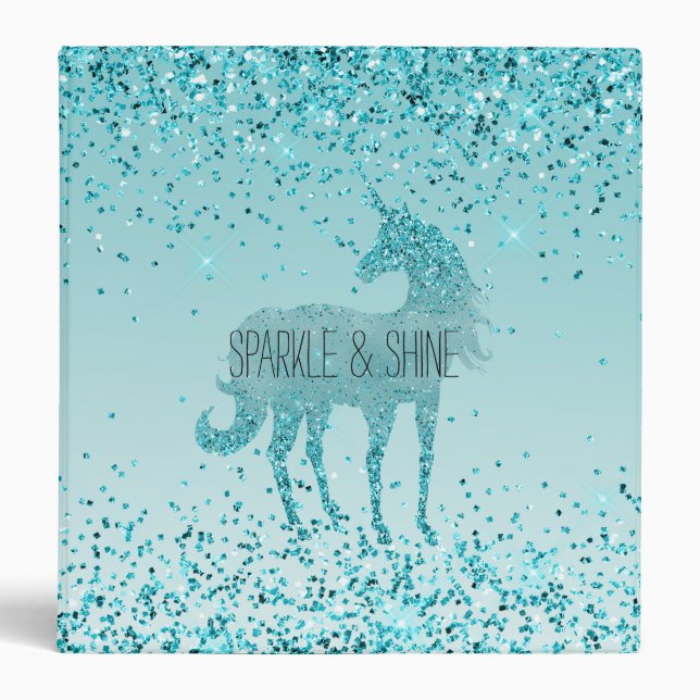 Girly Glitz Aqua Turquoise Glitter Unicorn Binder (Front)