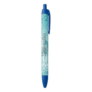 Girly Glitz Aqua Turquoise Glitter Unicorn Black Ink Pen