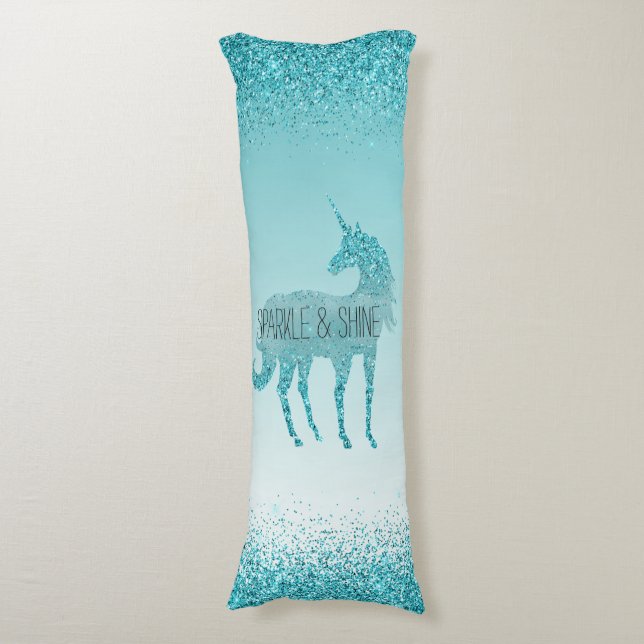 Girly Glitz Aqua Turquoise Glitter Unicorn Body Pillow (Front Vertical)