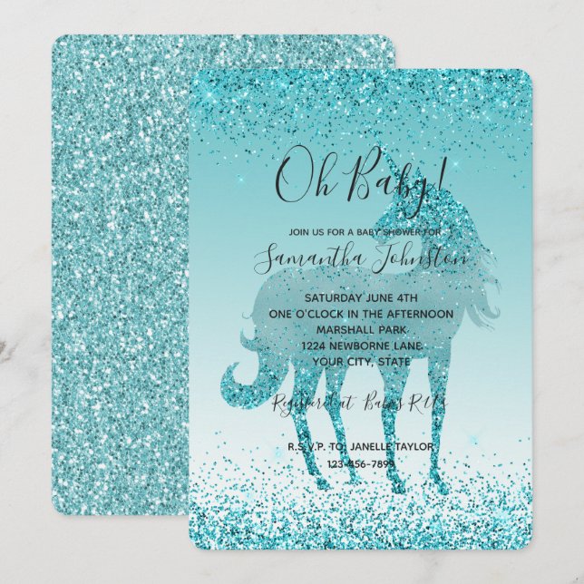 Girly Glitz Aqua Turquoise Glitter Unicorn Invitation (Front/Back)