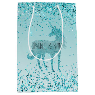 Girly Glitz Aqua Turquoise Glitter Unicorn Medium Gift Bag