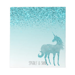 Girly Glitz Aqua Turquoise Glitter Unicorn Notepad