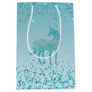 Girly Glitz Aqua Turquoise Glitter Unicorn Ombre   Medium Gift Bag