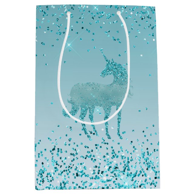Girly Glitz Aqua Turquoise Glitter Unicorn Ombre   Medium Gift Bag (Front)