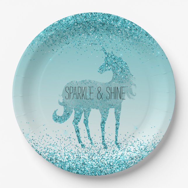 Girly Glitz Aqua Turquoise Glitter Unicorn Paper Plate (Front)