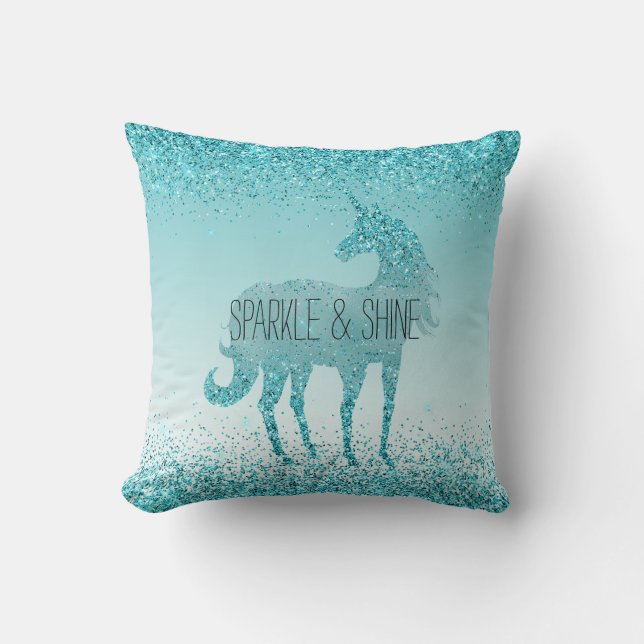 Girly Glitz Aqua Turquoise Glitter Unicorn Throw Pillow (Front)