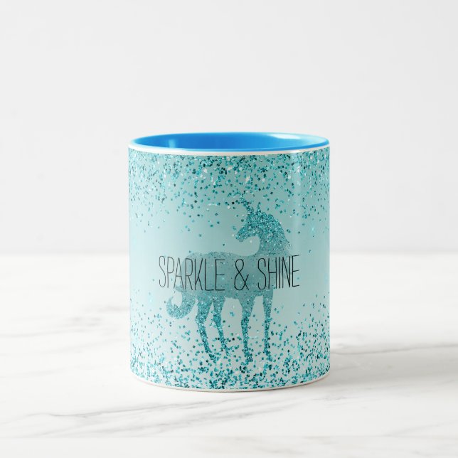 Girly Glitz Aqua Turquoise Glitter Unicorn Two-Tone Coffee Mug (Center)