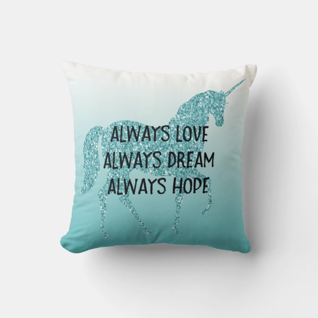 Girly Glitzy Glitter Aqua Unicorn Throw Pillow (Front)