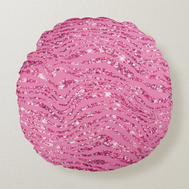 Girly Glitzy Pink Glitter Zebra Round Pillow (Front)