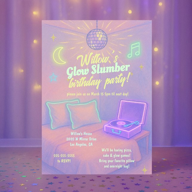 Girly Glow Neon Disco Sleepover Party Invitation (Girly Glow Neon Disco Sleepover Party Invitation
)