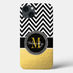 Girly Gold and Black Chevron Monogrammed iPhone 13 Case