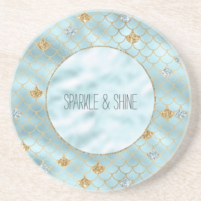 Girly Gold Aqua Blue Glitter Mermaid Quote Coaster (Front)