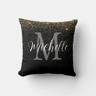 Girly Gold Black Glitter Monogram and Name Throw Pillow