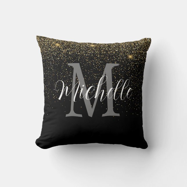 Girly Gold Black Glitter Monogram and Name   Throw Pillow (Front)