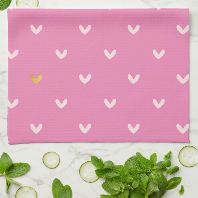 Girly Gold Blush Pink Hearts Kitchen Towel (Folded)