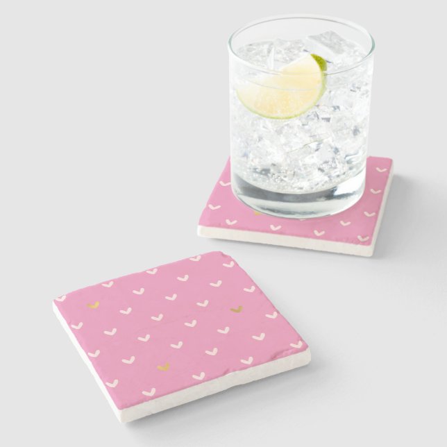 Girly Gold Blush Pink Hearts Stone Coaster (Side)