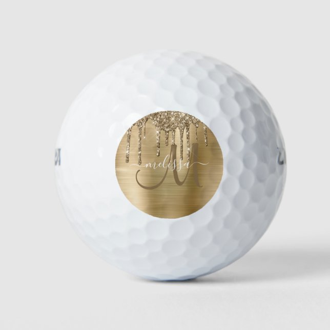 Girly Gold Brushed Metal Dripping Glitter Name Golf Balls (Front)