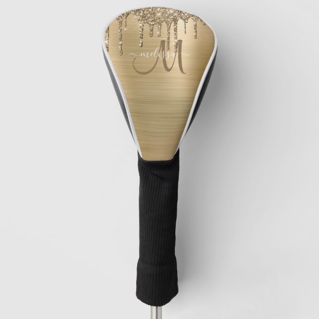 Girly Gold Brushed Metal Dripping Glitter Name Golf Head Cover (Front)