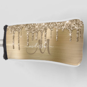 Girly Gold Brushed Metal Dripping Glitter Name Golf Head Cover