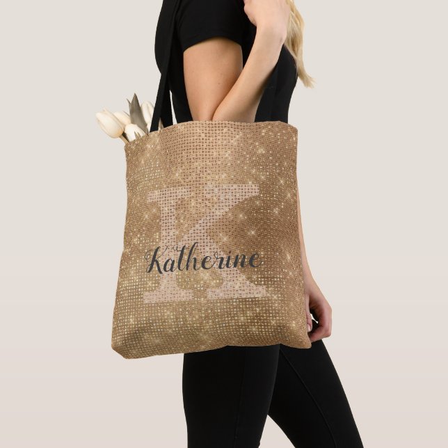 Girly Gold Diamond Sparkle Glam Chic Monogram Name Tote Bag (Close Up)