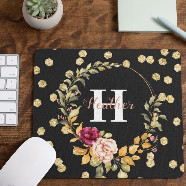 Girly Gold Faux & Floral Wreath Monogram Mouse Pad (Creator Uploaded)