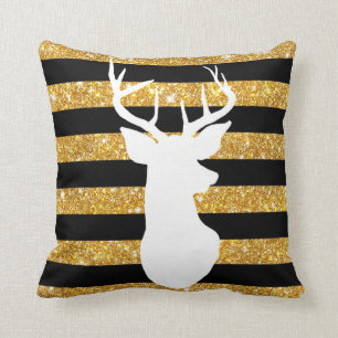 Girly Gold Faux Glitter Antler Black Stripes Throw Pillow