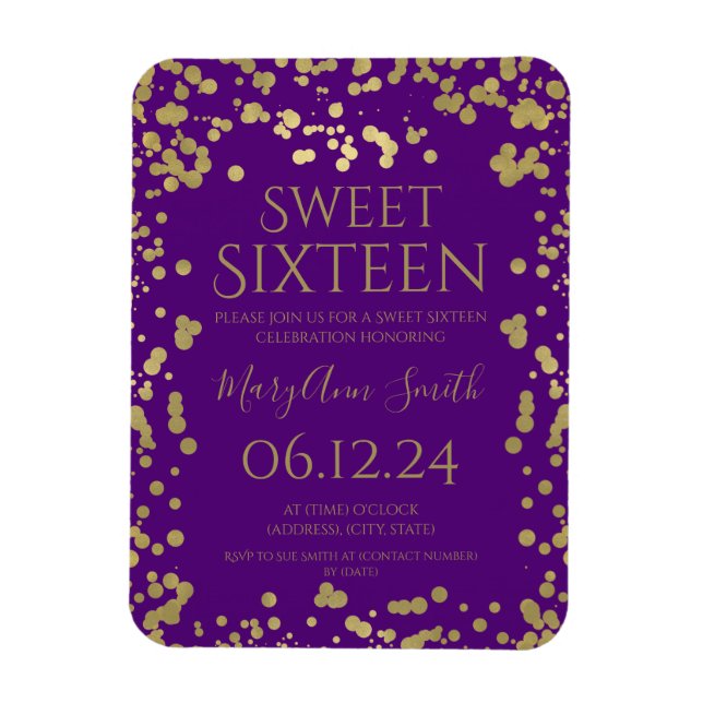 Girly Gold Foil Confetti Sweet 16 Invite Purple Magnet (Vertical)