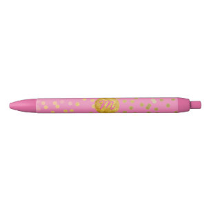 girly gold foil dots monogram on pink black ink pen