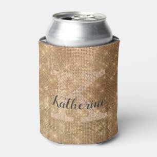 Girly Gold Glam Diamond Sparkle Chic Monogram Name Can Cooler