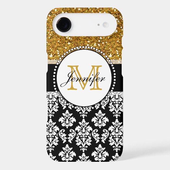 Girly Gold Glitter Black Damask Personalized Case-Mate iPhone Case (Back)