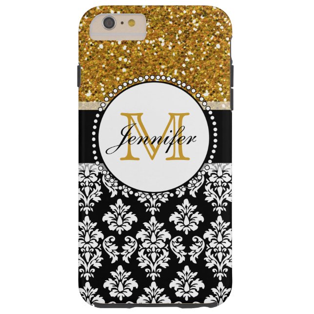 Girly Gold Glitter Black Damask Personalized Case-Mate iPhone Case (Back)