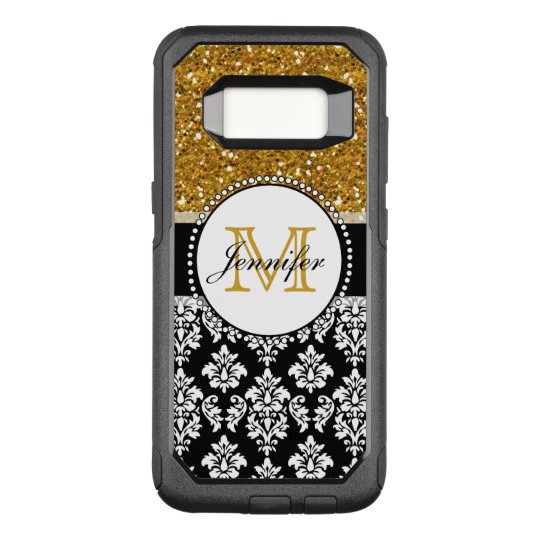 Girly Gold Glitter Black Damask Personalized OtterBox Commuter Samsung Galaxy S8 Case