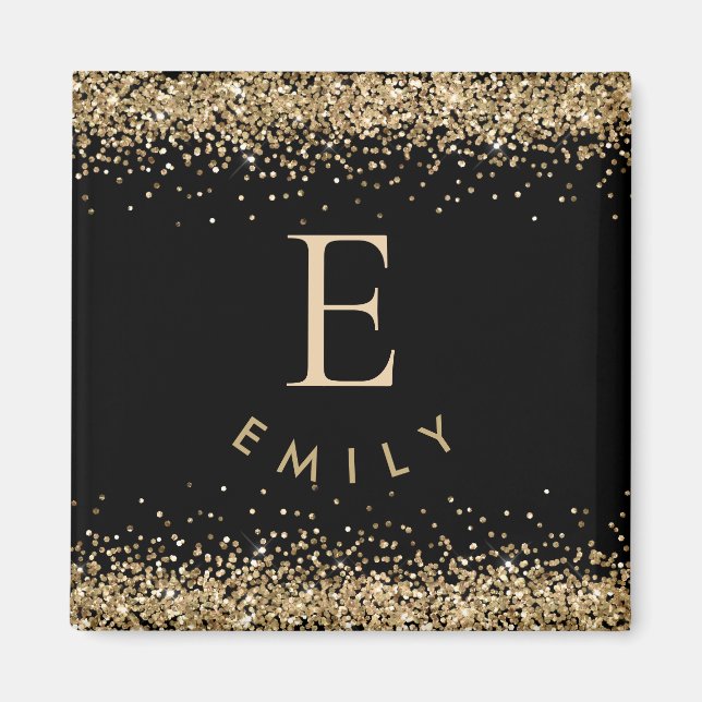 Girly Gold Glitter Black Monogram Initial Name Magnet (Front)