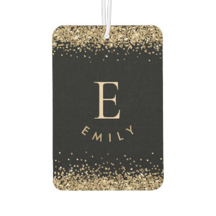 Girly Gold Glitter Black Monogram Name Initial Air Freshener
