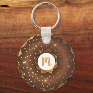 Girly gold glitter chocolate doughnut monogram keychain