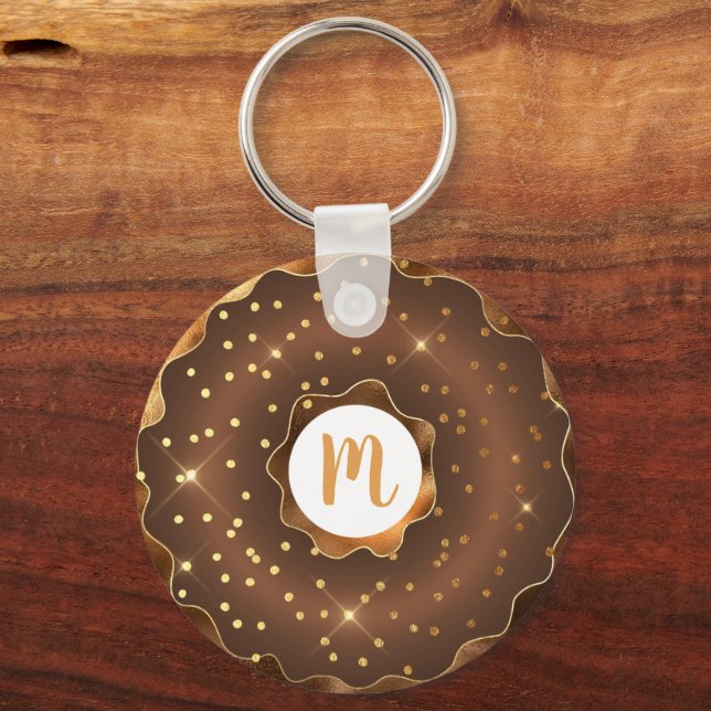 Girly gold glitter chocolate doughnut monogram keychain (Front)