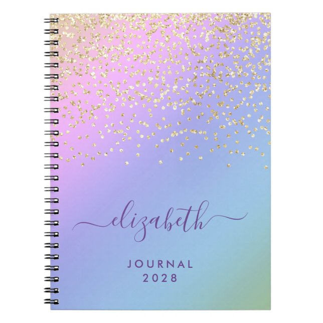 Girly Gold Glitter Confetti Personalized Rainbow Notebook (Front)