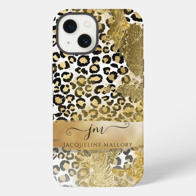 Girly Gold Glitter Leopard Print Pattern Monogram iPhone Case (Back)