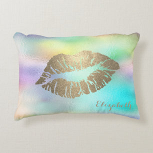 Girly Gold  Glitter Lips Holographic Iridescent Accent Pillow
