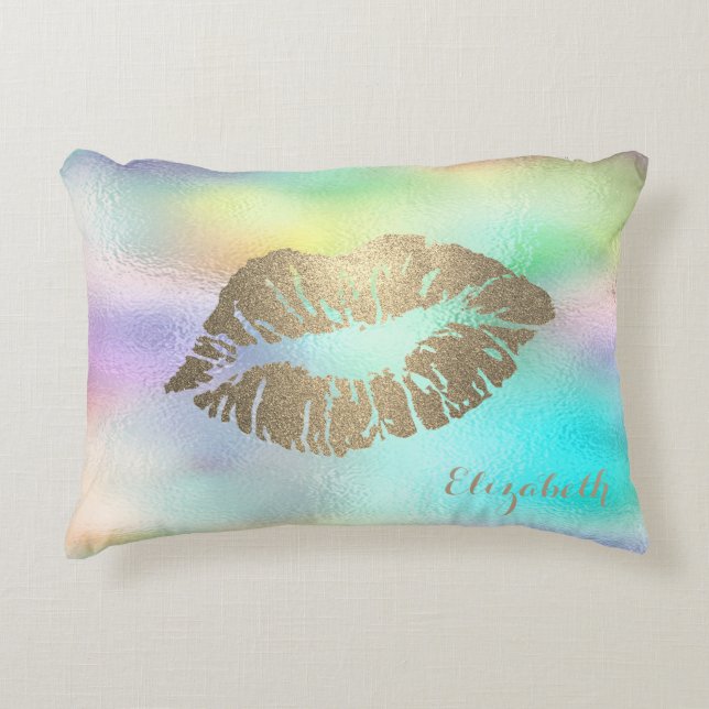 Girly Gold  Glitter Lips Holographic Iridescent Accent Pillow (Front)