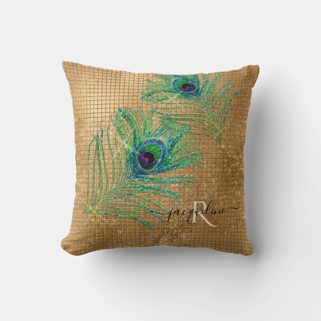 Girly Gold Glitter Modern Sparkle Peacock Feathers Throw Pillow (Front)