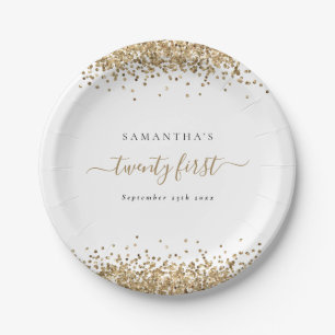Girly Gold Glitter Name Date Twenty First Party Paper Plate