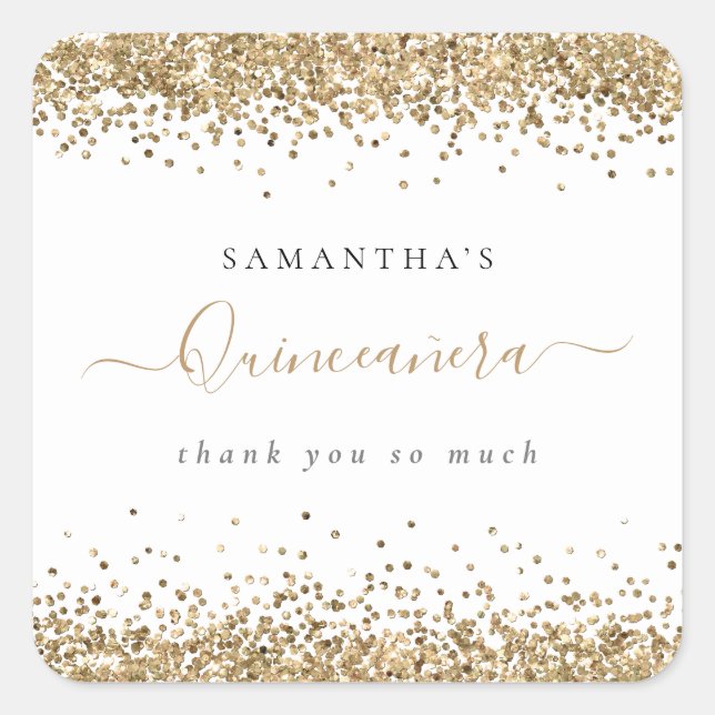 Girly Gold Glitter Name Quinceañera Thank You Square Sticker (Front)