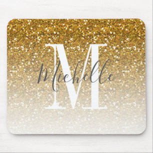 Girly Gold Glitter Ombre Sparkle Monogram Name Mouse Pad