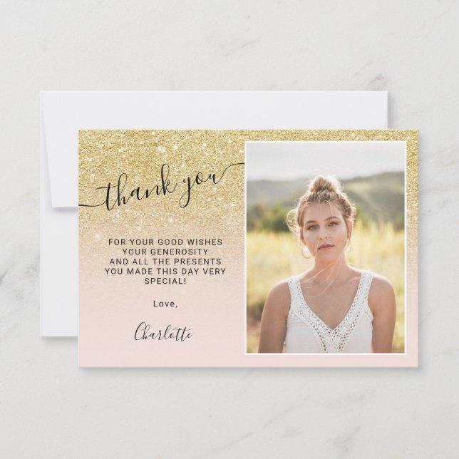 Girly  gold glitter pink ombre 3 photos Sweet 16 Thank You Card (Front)