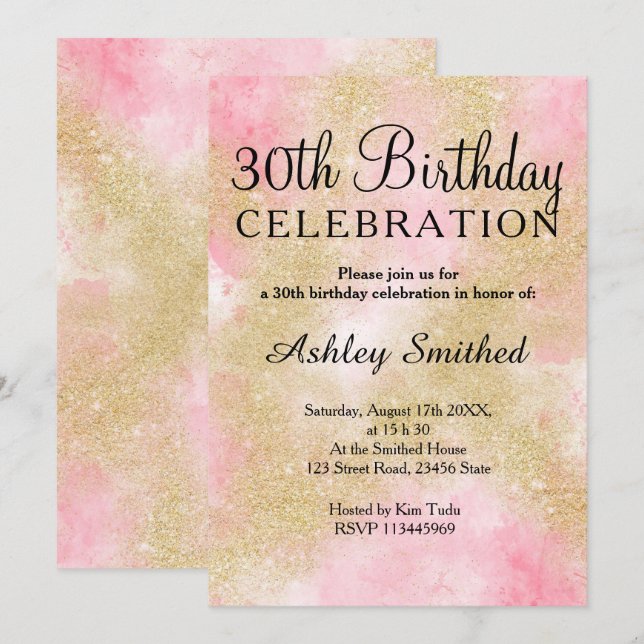 Girly gold glitter pink watercolor 30th birthday invitation (Front/Back)