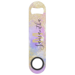 Girly gold glitter purple watercolor monogram bar key