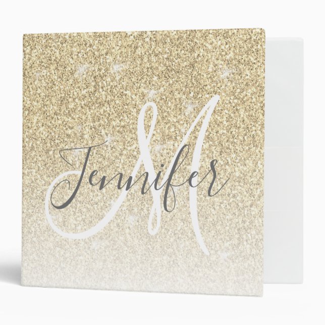 Girly Gold Glitter Sparkles Monogram Name Binder (Front/Inside)