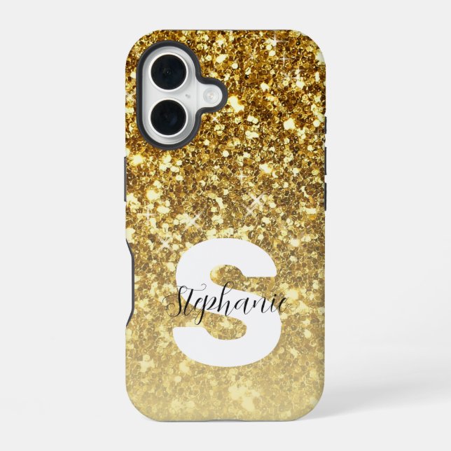 Girly Gold Glitter Sparkles Monogram Script Name iPhone 16 Case (Back)